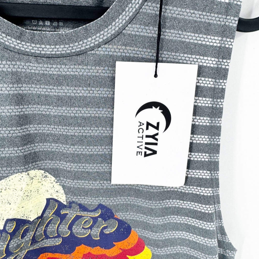 Zyia Active Brighter Muscle Tank Gray Striped Mesh Graphic Workout Top Womens M - Picture 3 of 6